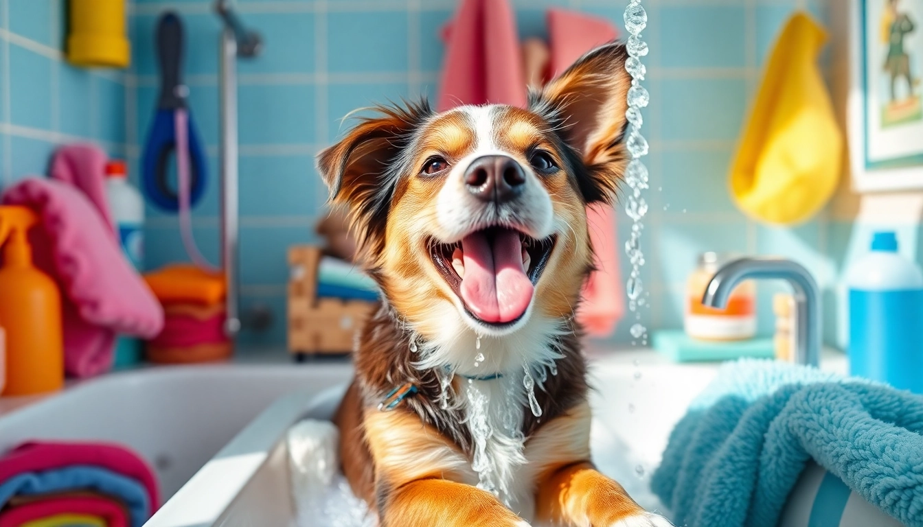 Dog wash near me: A happy dog being bathed in a sunny, colorful pet wash station with grooming supplies.