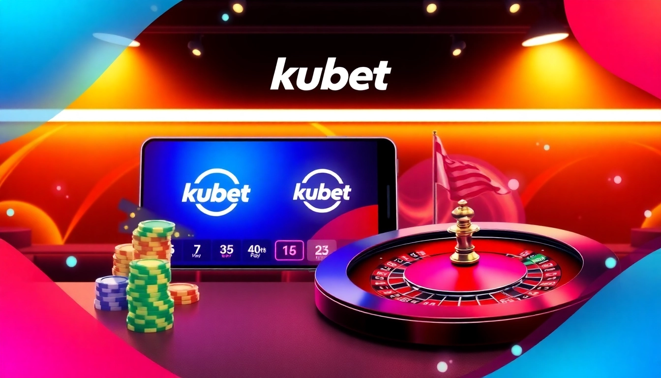 Prominent kubet logo surrounded by digital casino elements and colorful interface, highlighting online gambling activities for engaging visuals.