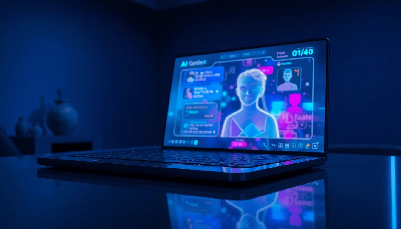 Futuristic AI chat interface on a sleek screen with holographic visuals in a dimly lit room.