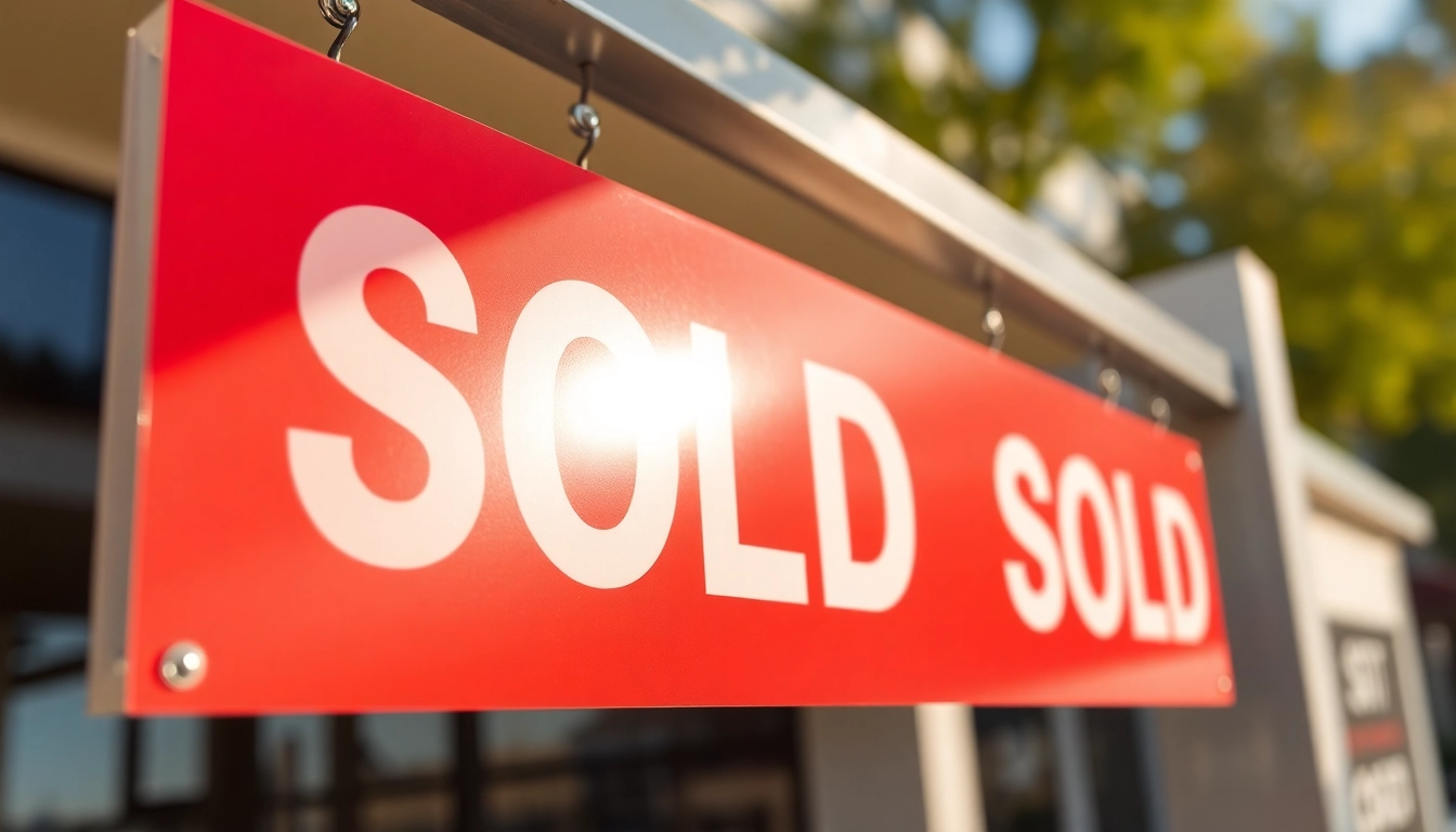 Bright, eye-catching sold sign displayed on a real estate property to attract buyers and showcase successful sales.