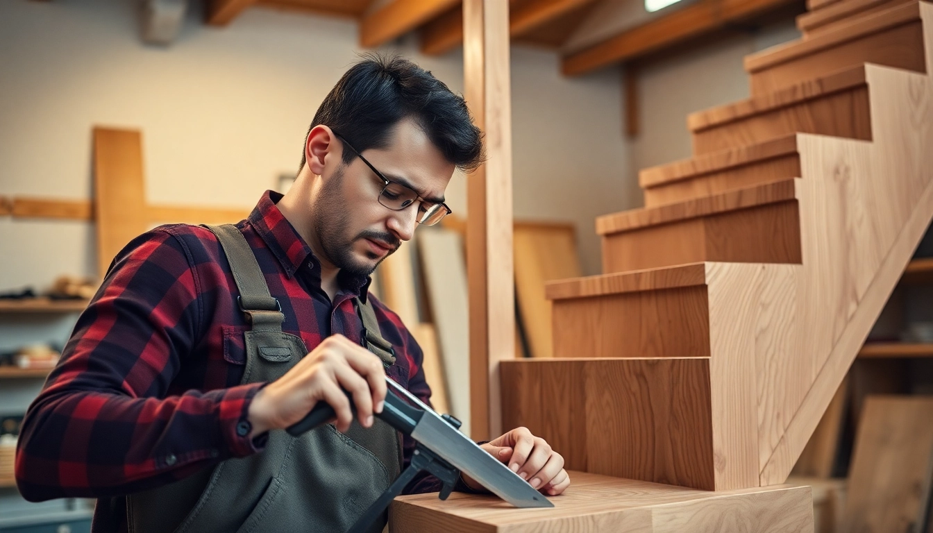 Skilled carpenter measuring and cutting wood for a custom project in a well-equipped workshop.