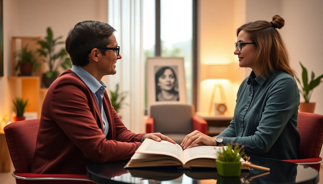 Coaching trasformativo session with a coach guiding a client through personal transformation in a bright, welcoming environment, emphasizing growth and clarity for screen readers.
