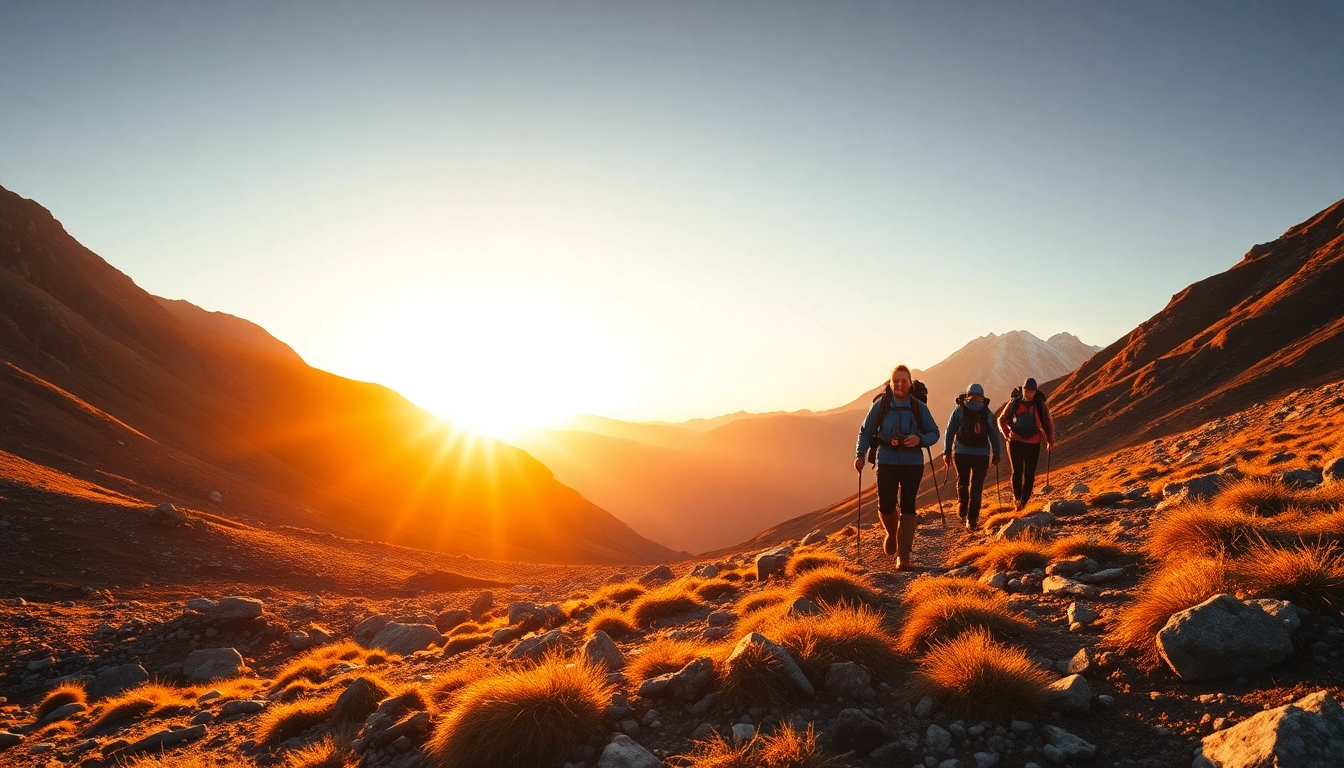 Trekking enthusiasts navigating rugged mountain trail with scenic views and lush greenery, capturing the spirit of adventure.