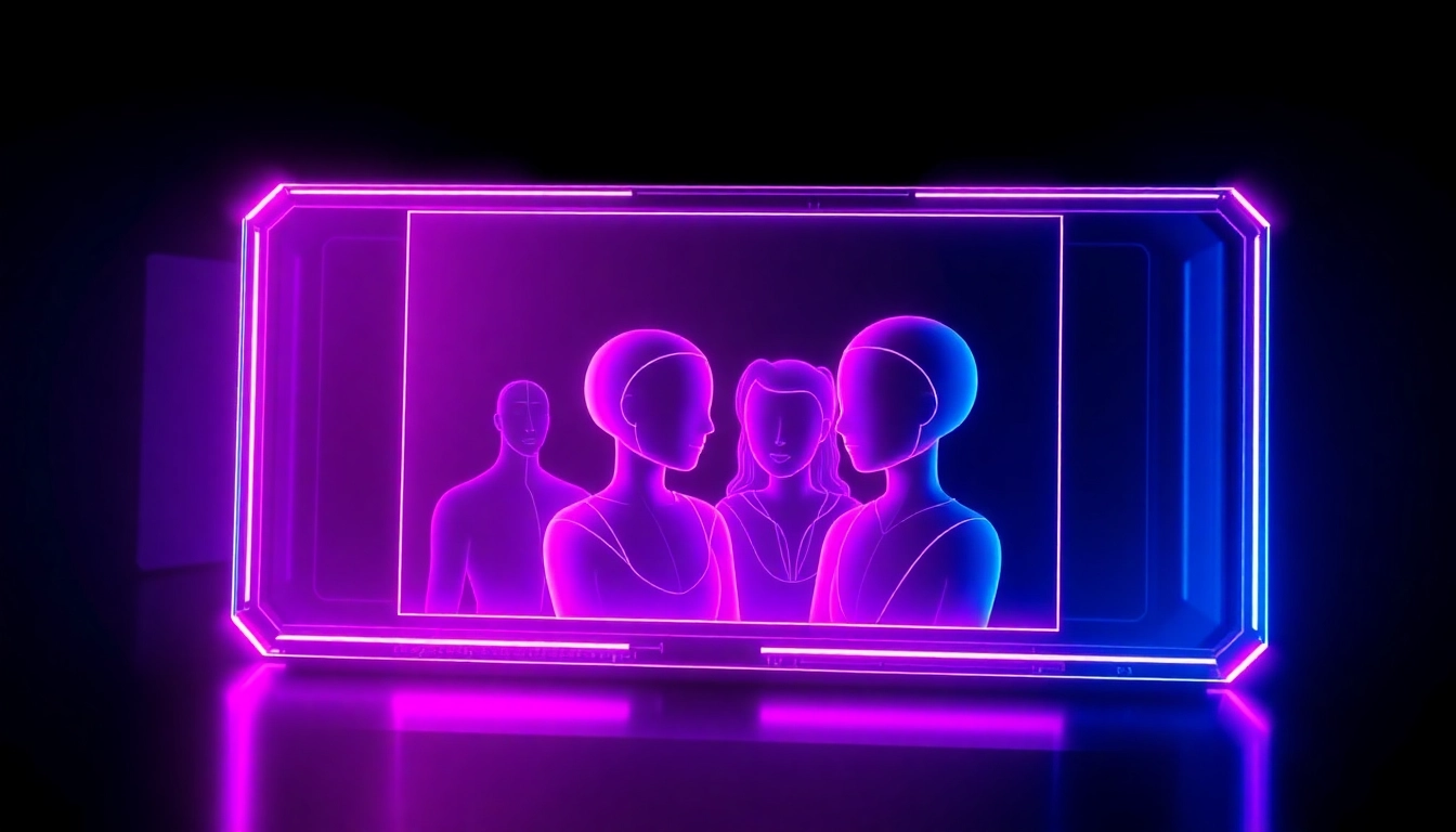 Futuristic digital art of an AI chat interface with neon colors and hologram-style characters