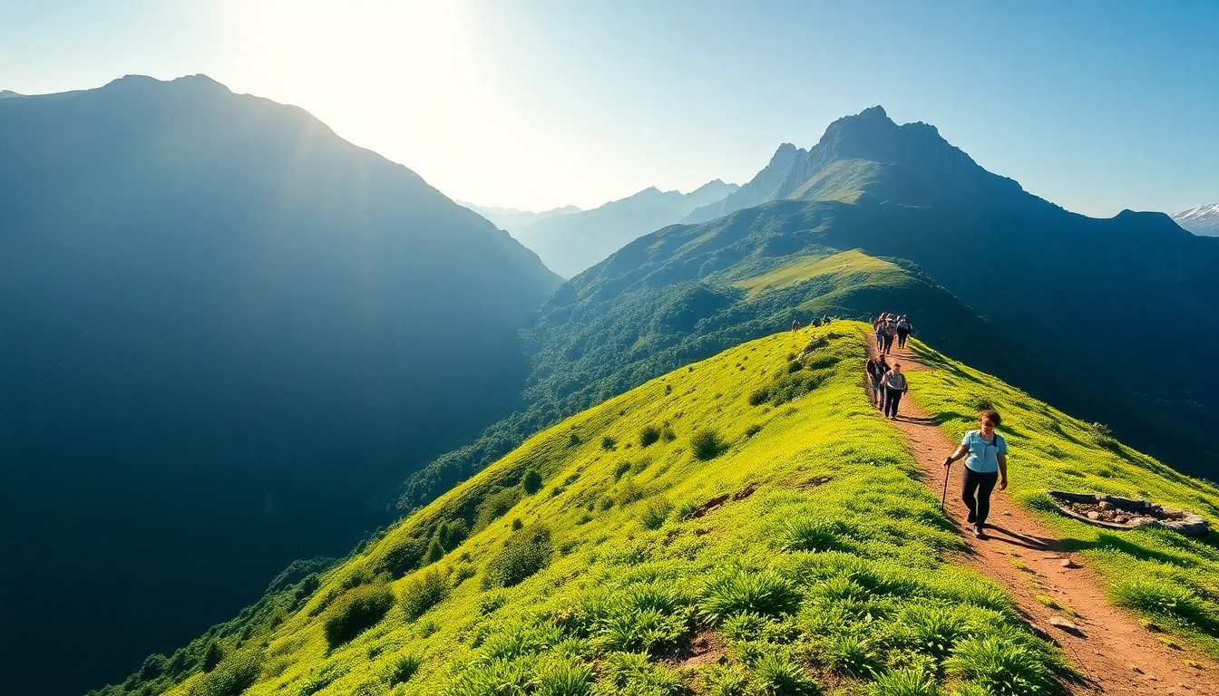 A group of adventurers on a guided trek through vibrant mountain scenery, highlighting exploration and connection with nature, perfect for inspiring travel enthusiasts.