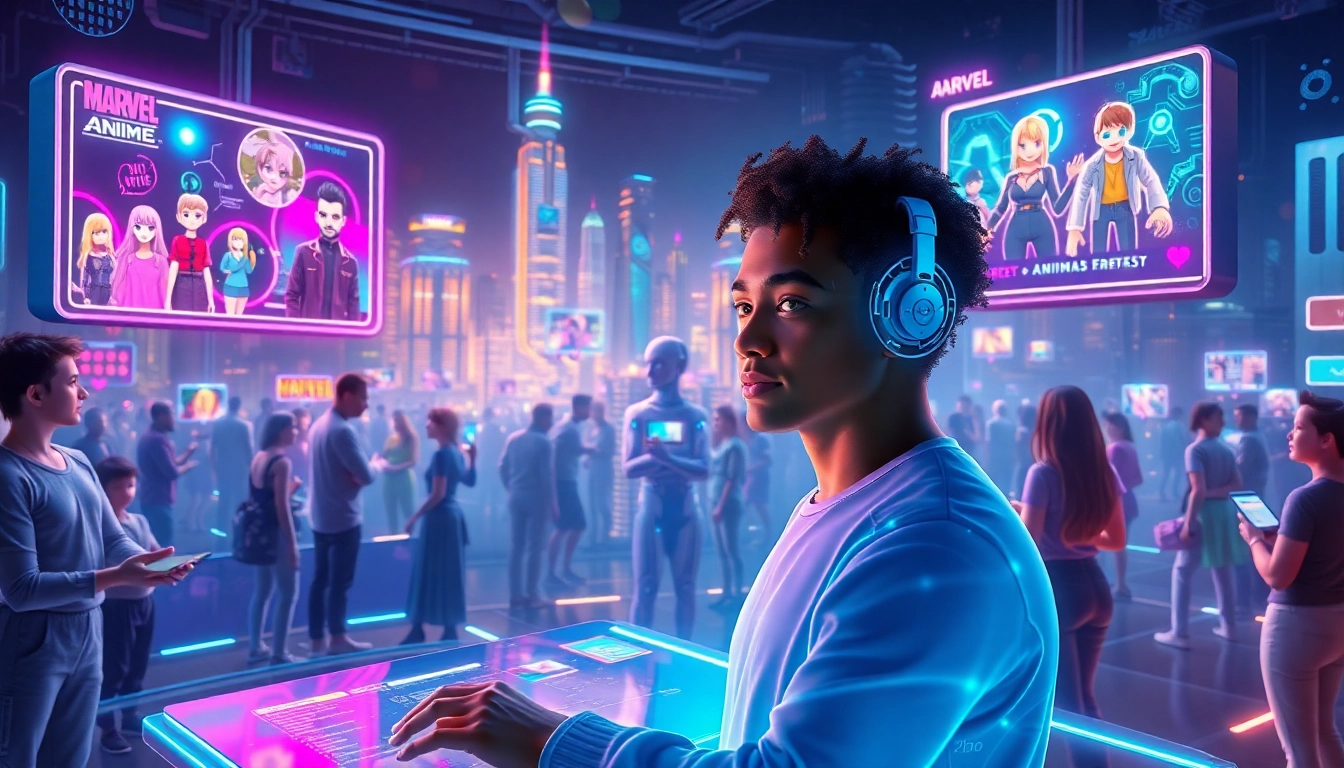 Futuristic digital social environment with avatars and AI characters interacting in a vibrant cityscape.