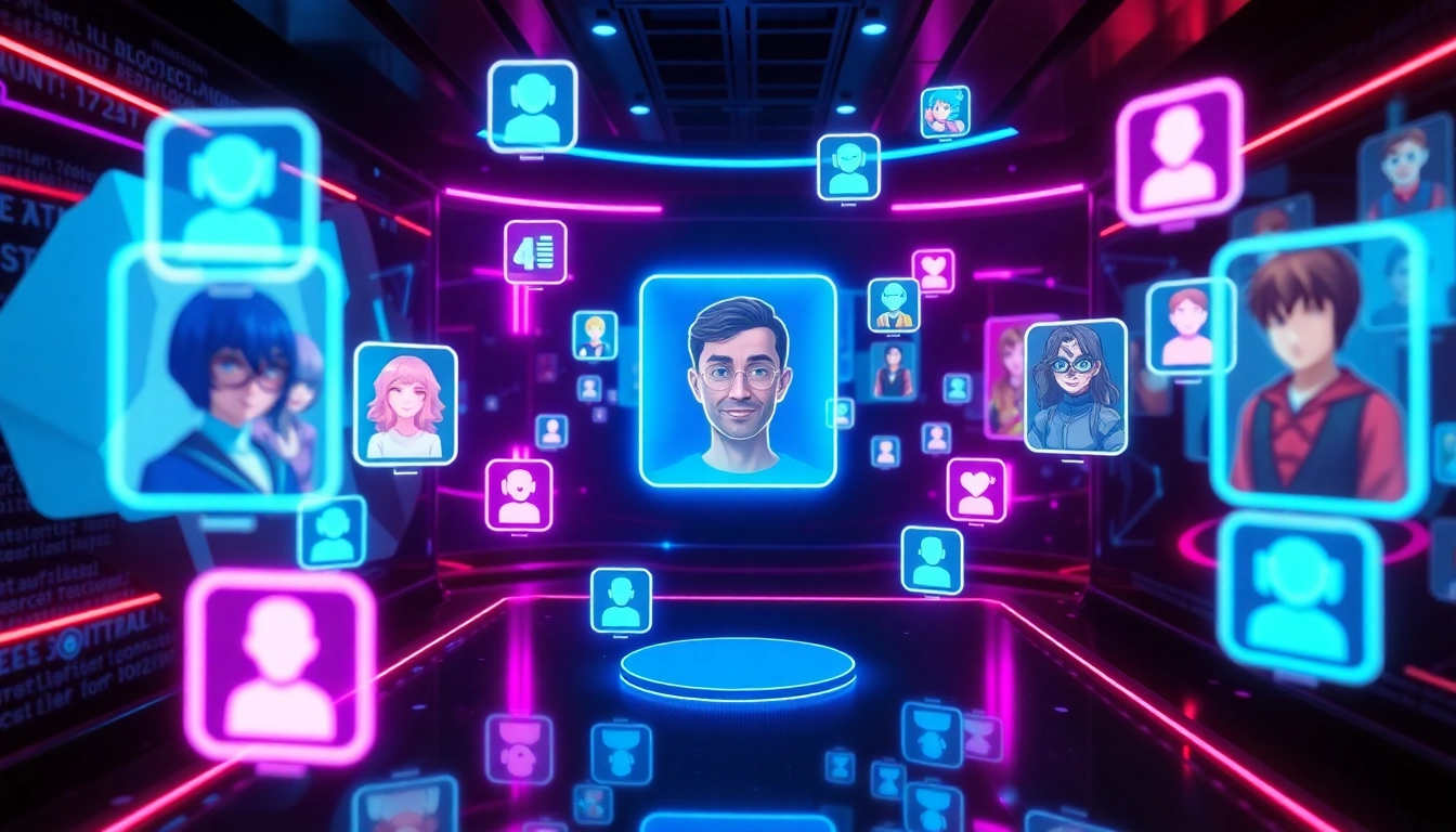 Futuristic digital social media scene with AI characters and holographic profiles representing online fame.