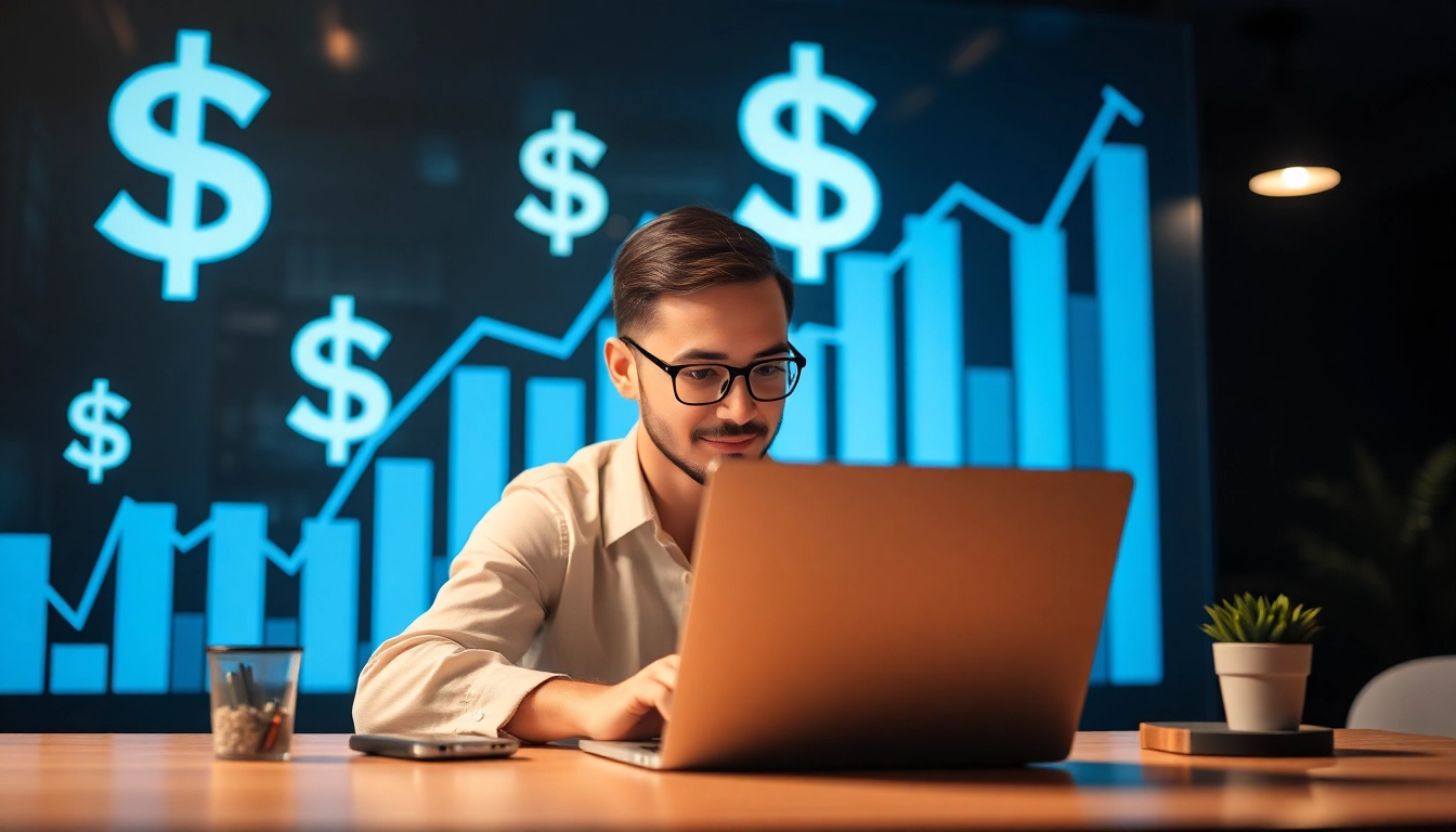 Earn money online with a professional remote worker using a laptop surrounded by financial icons, indicating online income opportunities.