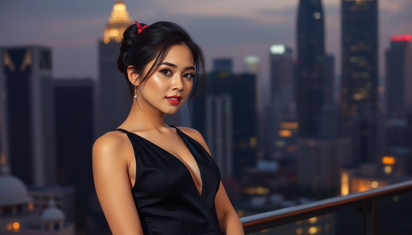 KL escort girl gracefully posing in evening wear, exuding elegance and attractiveness for an upscale service.