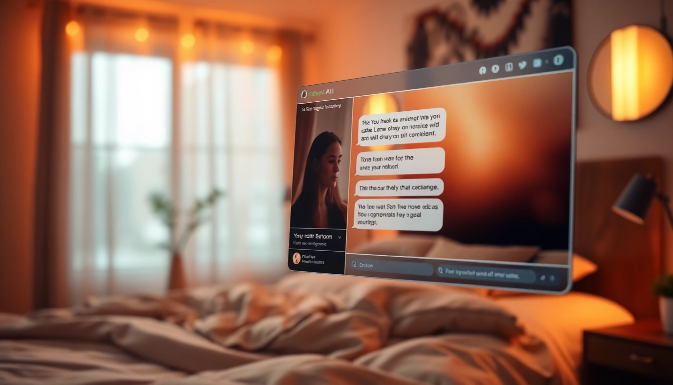 Illustration of a nsfw ai chatbot interface engaging in unfiltered, personal chat within a dark, intimate digital environment for adult users.