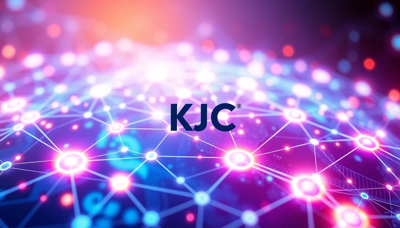 KJC logo surrounded by interconnected digital icons symbolizing global entertainment and technology integration for accessible online experiences.