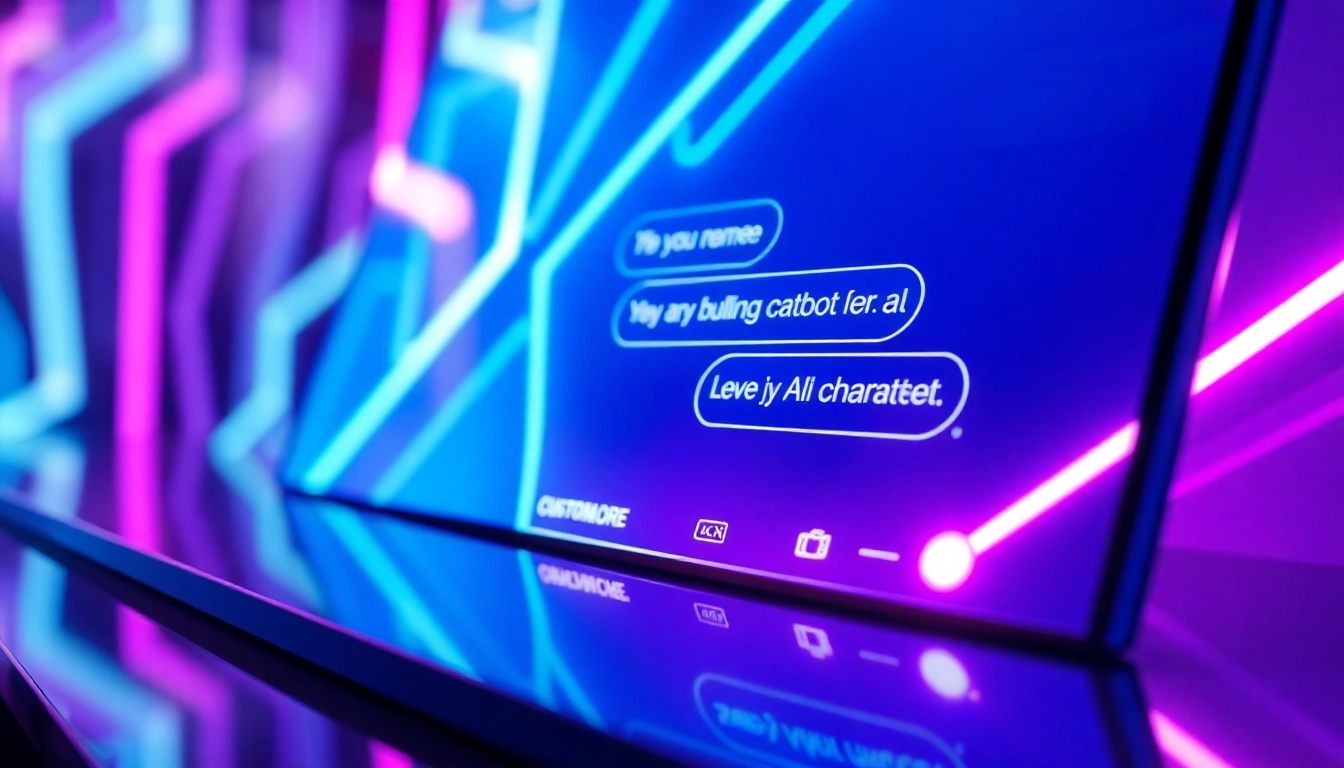 Futuristic digital chatbot interface with neon lights and conversation bubbles