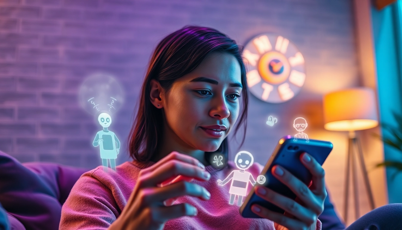 Person chatting with holographic AI characters on a smartphone in a modern living room.