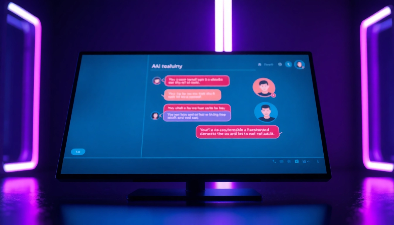 Futuristic AI chatbot interface glowing on a high-tech screen in a dark room.