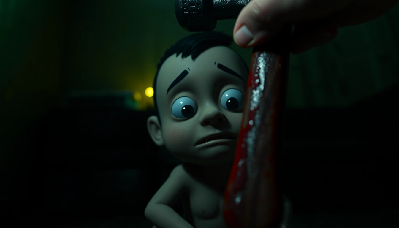 A disturbing scene showing Harvey in distress with a bloodied hammer looming over him, creating a tense and eerie atmosphere.
