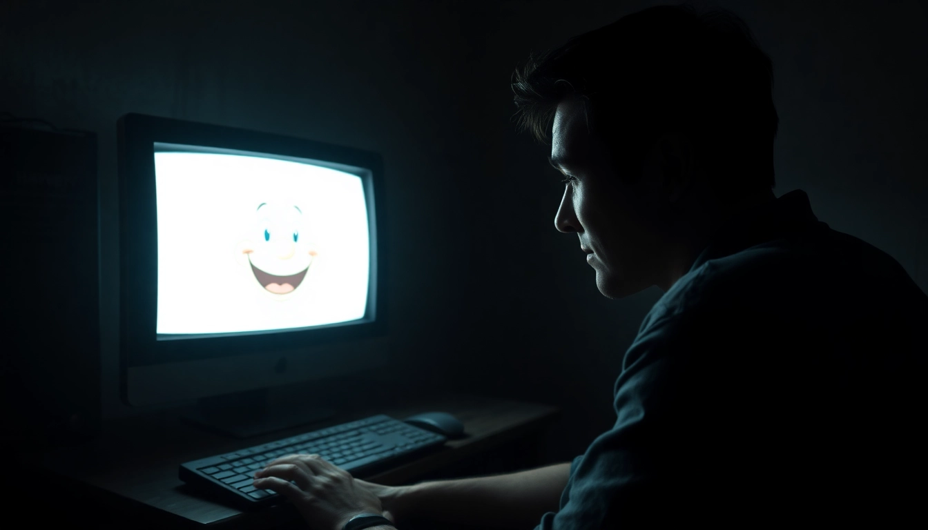 A distressed man sitting in a dark room, looking at a computer screen showing a cheerful character named Harvey, with shadows and a tense atmosphere.