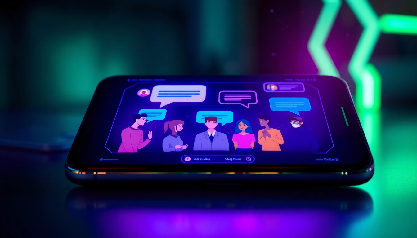 Futuristic chat interface on a sleek device with animated speech bubbles and neon accents.