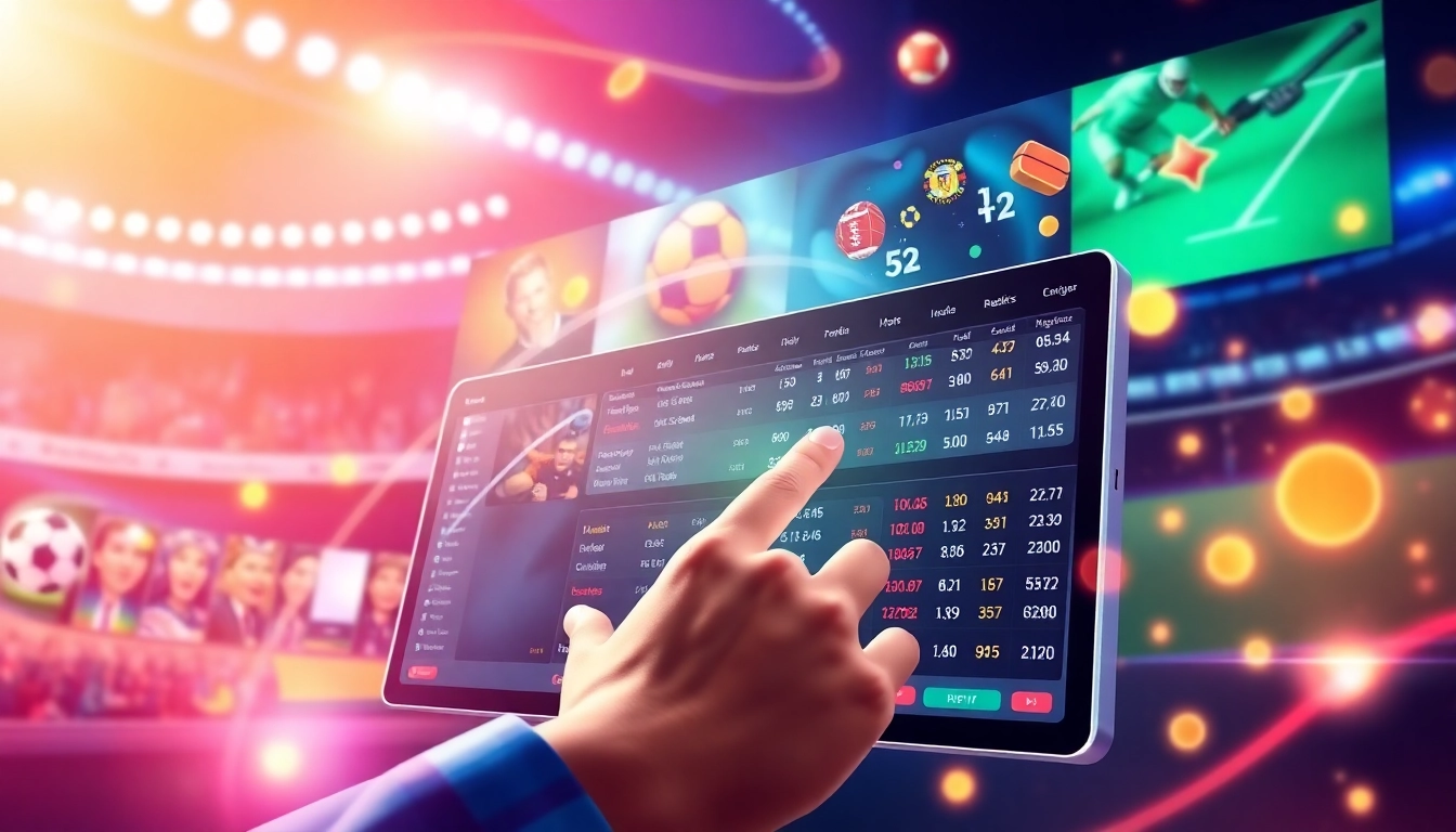 An illustration of a modern online sportsbook and casino platform with vibrant colors and dynamic elements.