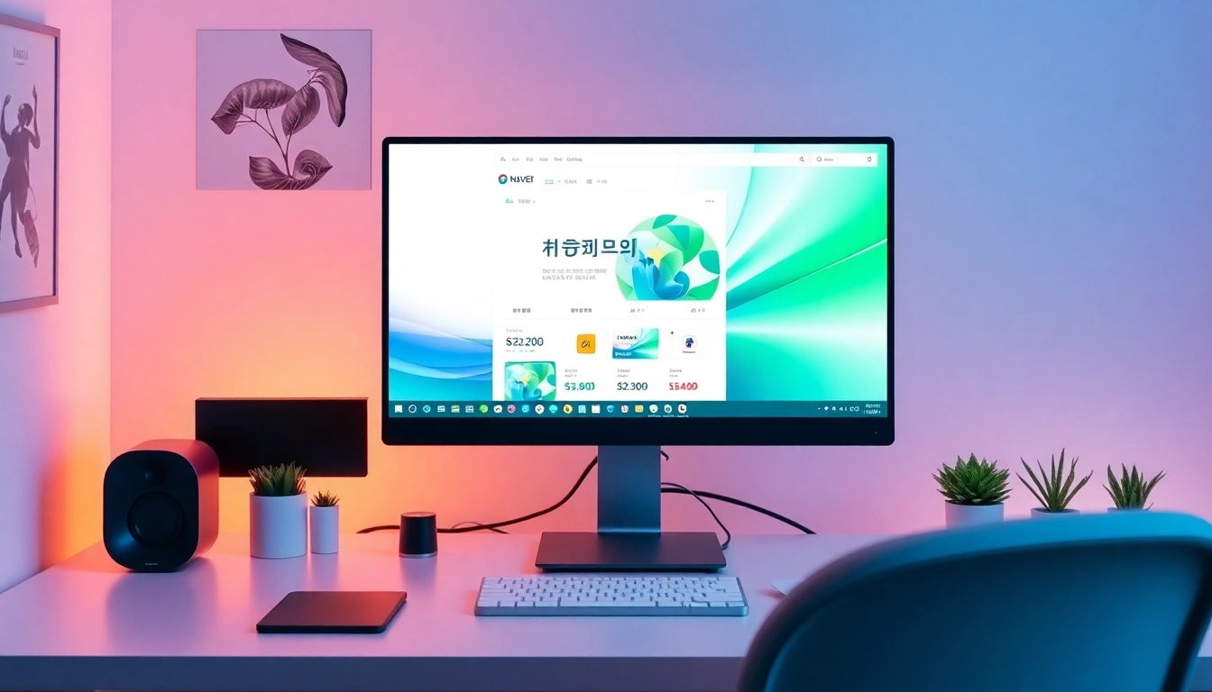 Highlighting Naver's innovative digital platform with a sleek computer setup and Korean cultural accents for better user engagement.
