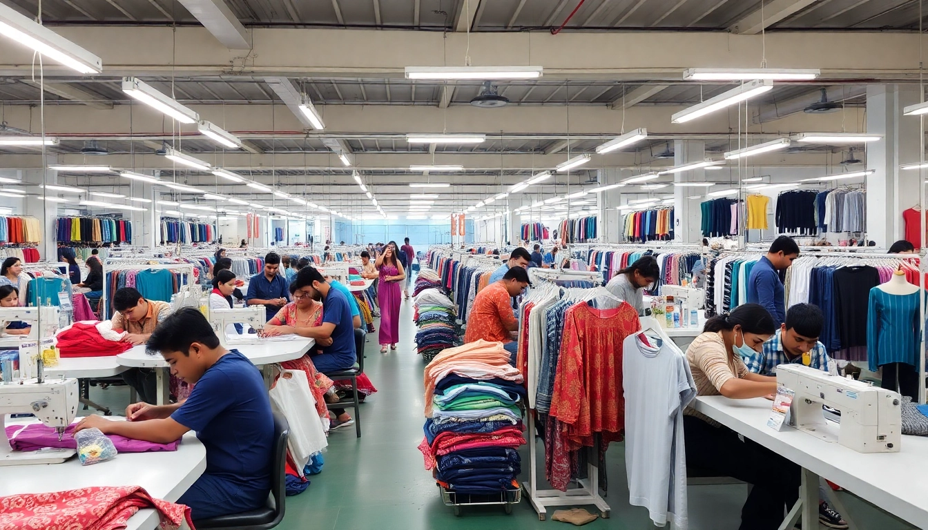 Clothing factory in Sialkot with busy workers and advanced textile machinery producing high-quality apparel efficiently for global markets.