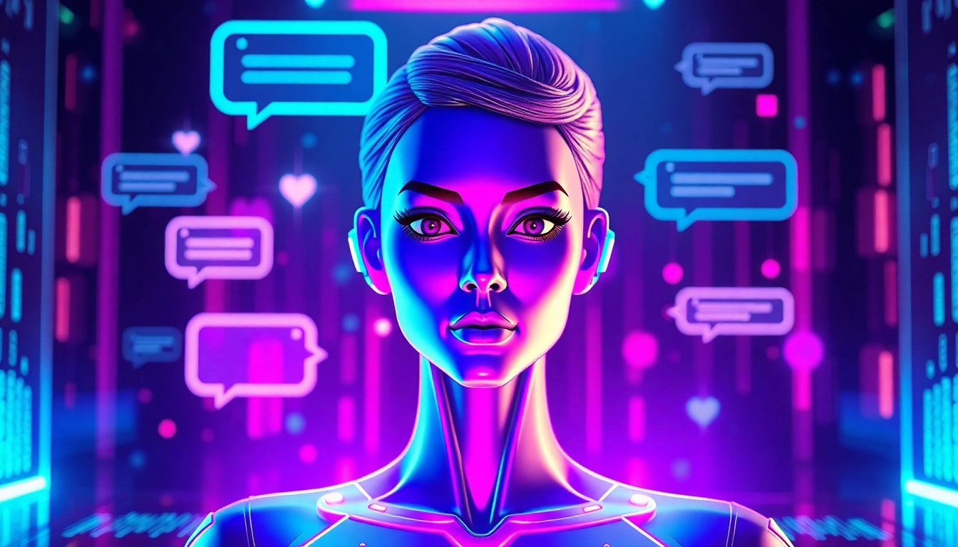 An AI avatar in a neon-lit virtual chat environment with glowing data streams and holographic elements.