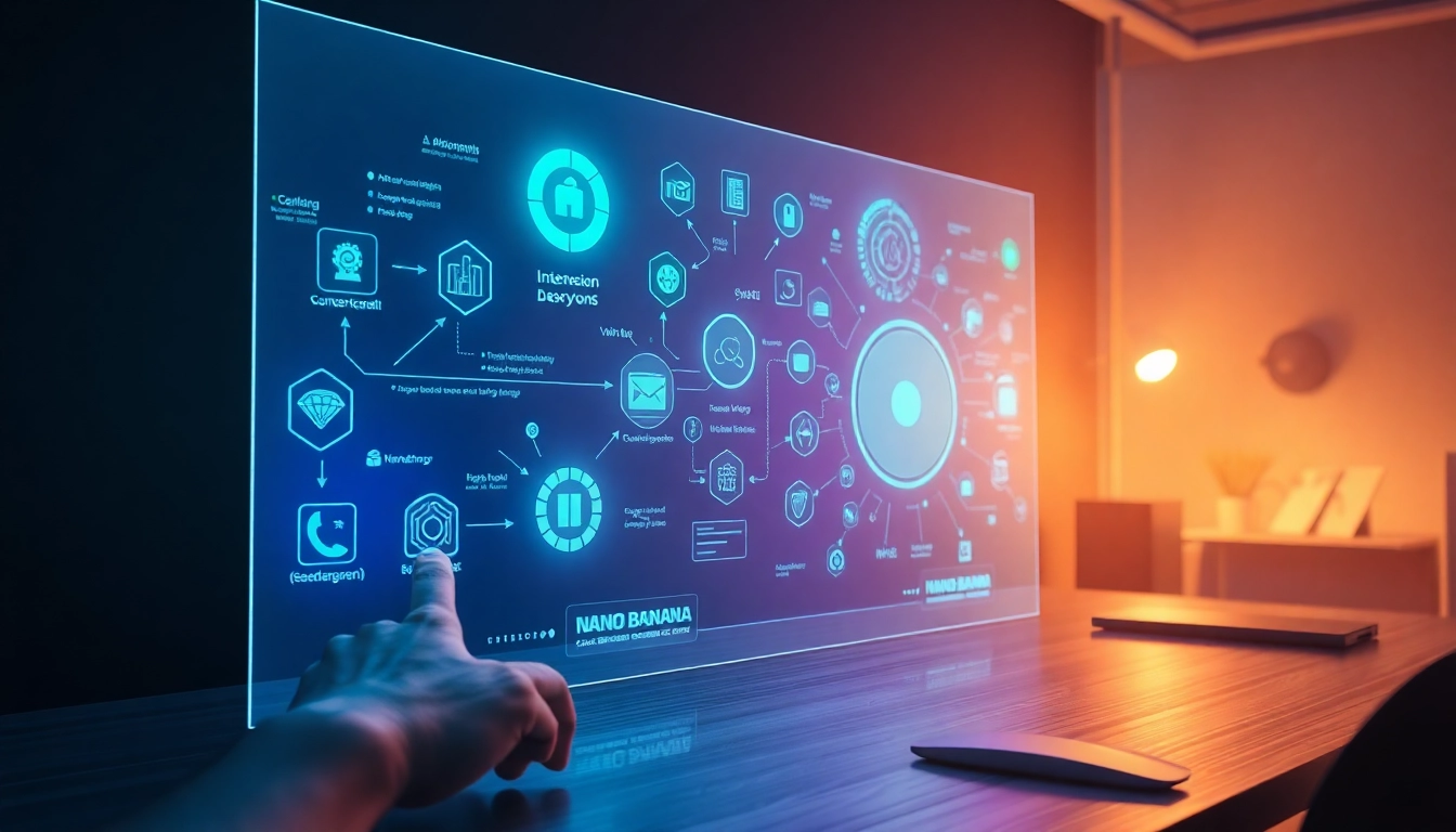 Futuristic AI interface with holographic data streams and user interaction in a modern workspace.