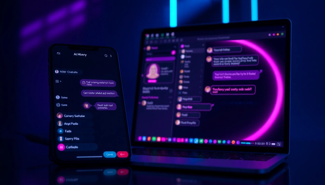 A high-tech digital interface with chat windows and character profiles in neon colors on screens.