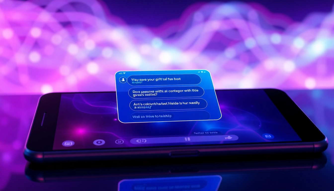 Futuristic AI chat interface on a sleek device screen with glowing colors and abstract digital background