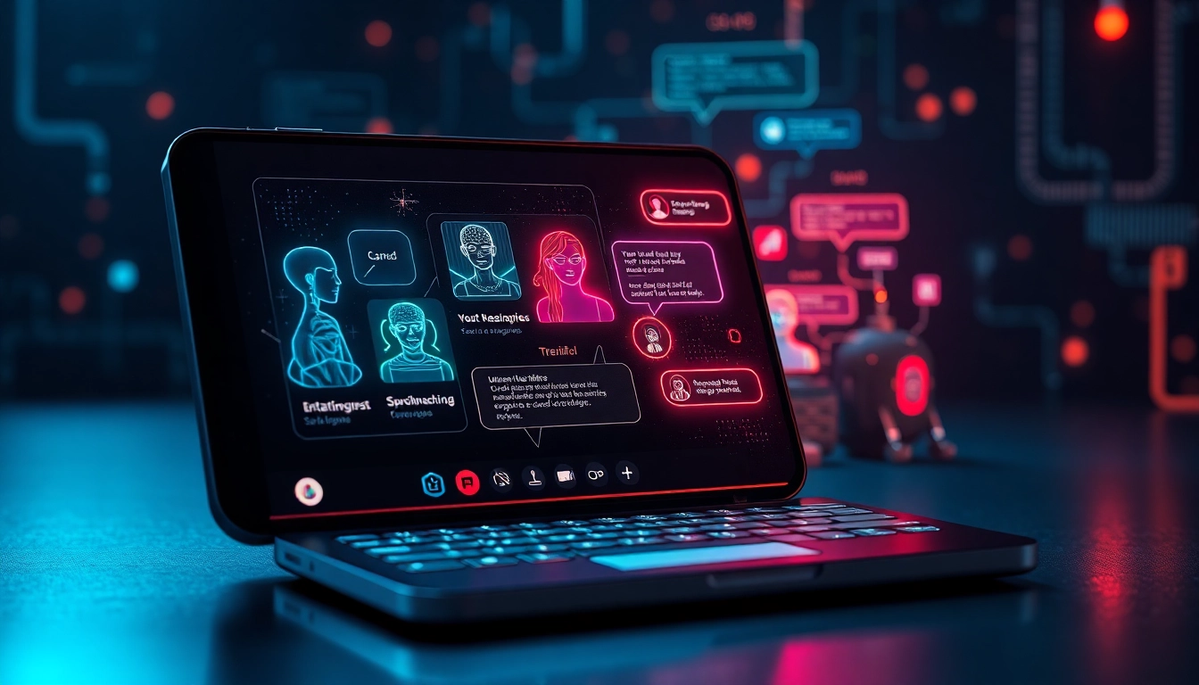 Digital illustration of AI chat interface on devices with holographic avatars and vibrant neon colors.