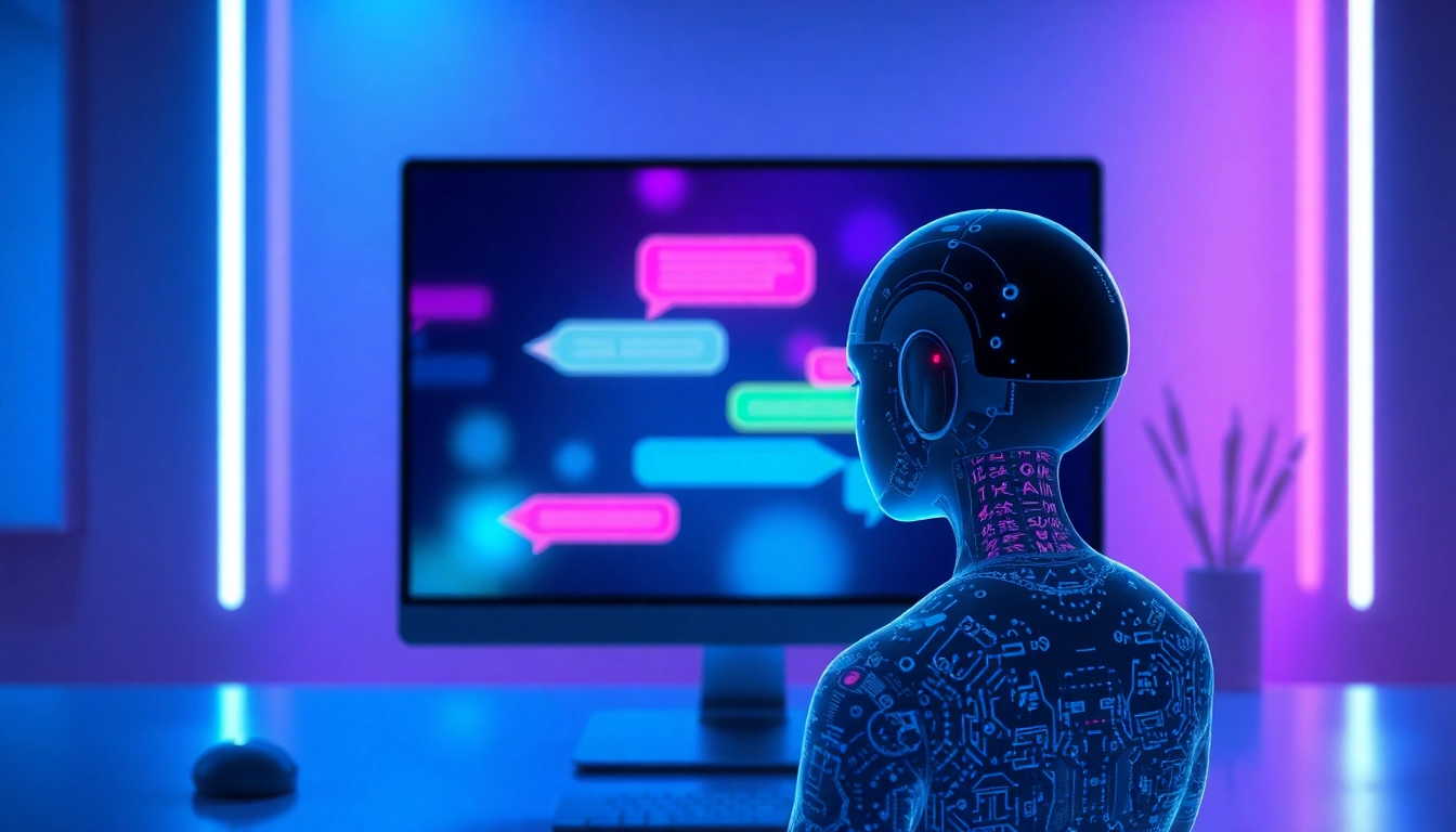 Futuristic digital chat interface with AI character in a neon-lit cyberpunk setting.