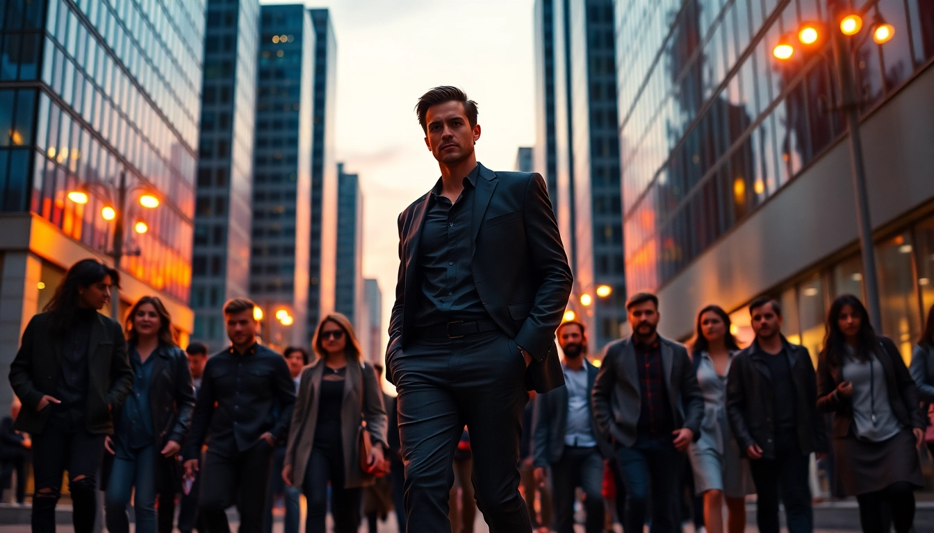 A modern city street at dusk with diverse people, highlighting a confident alpha male and social hierarchy themes.