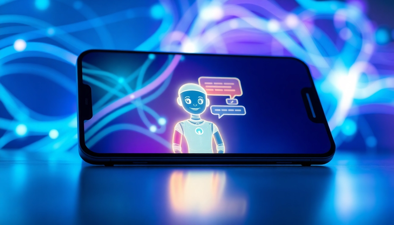Futuristic AI chat interface with holographic character on a modern device screen