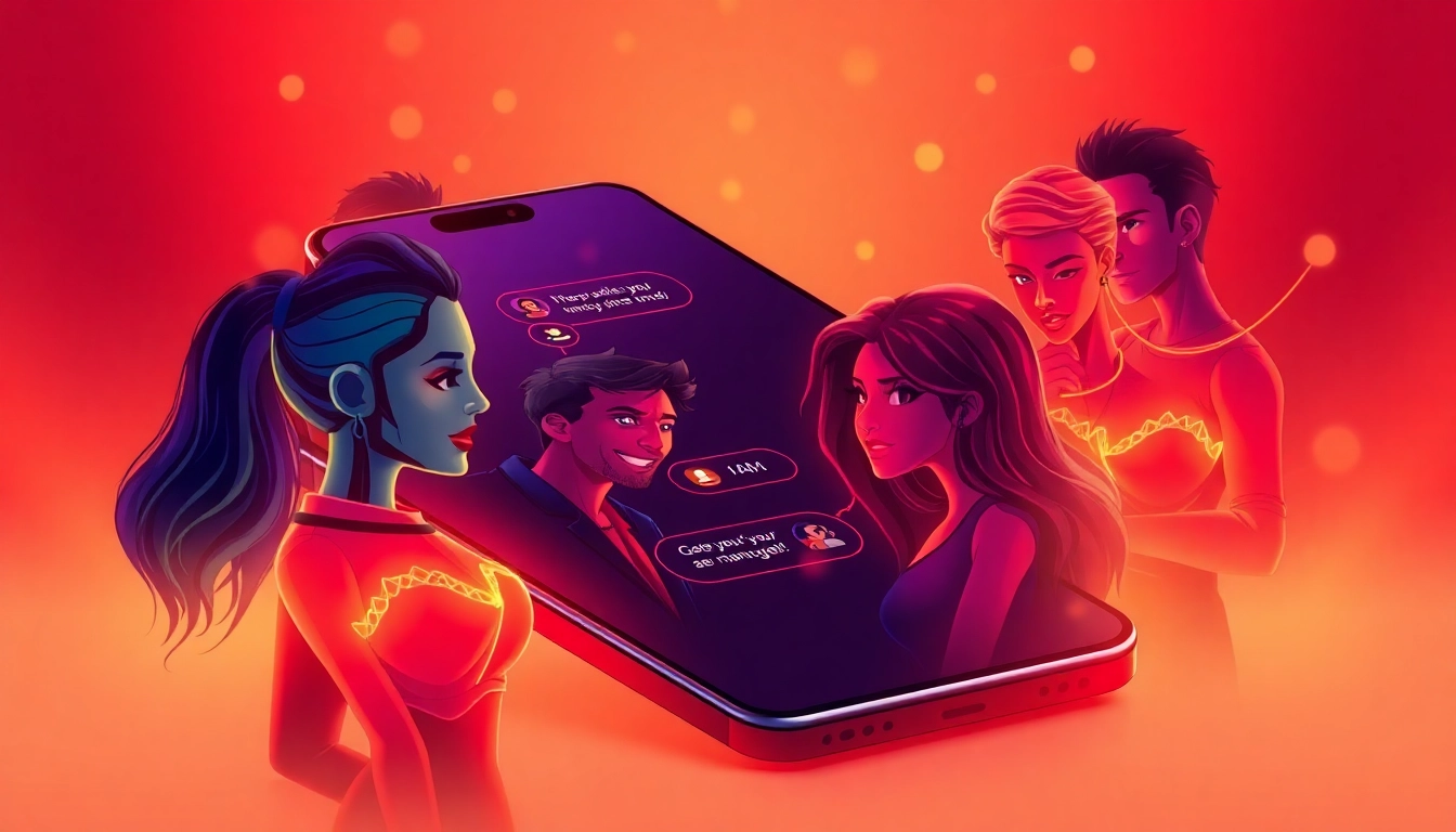 An illustration of a smartphone displaying a chat interface with animated AI characters, surrounded by glowing, alluring figures in warm tones, creating a seductive and engaging atmosphere.