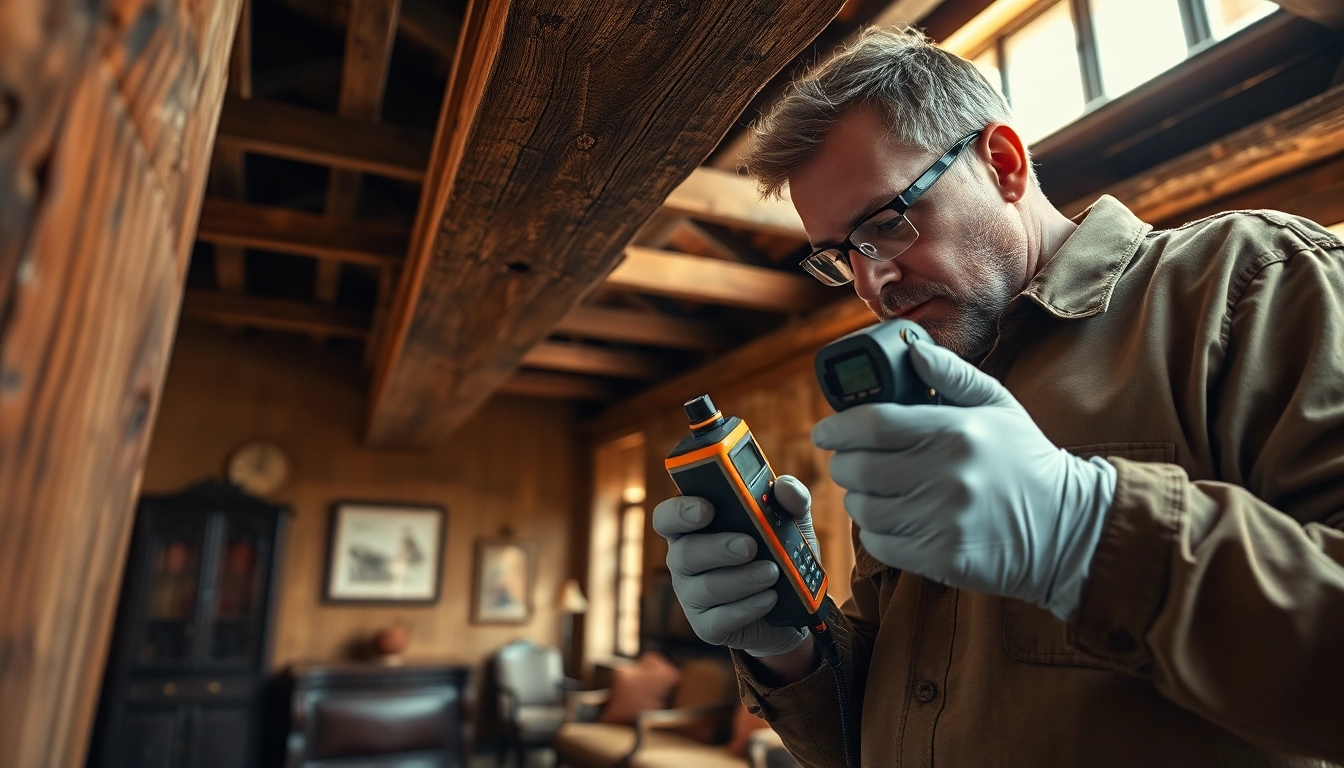 Pest control technician inspecting wooden beams for woodworm damage in a historic building