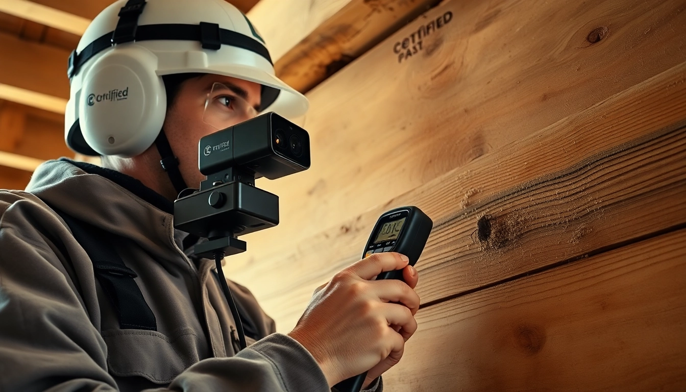 Technician inspecting wooden beams for woodworm activity with advanced tools in a bright, professional setting.