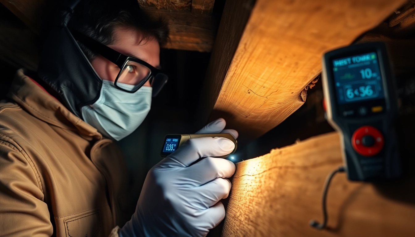Pest control technician inspecting wooden beam with endoscopic camera in basement
