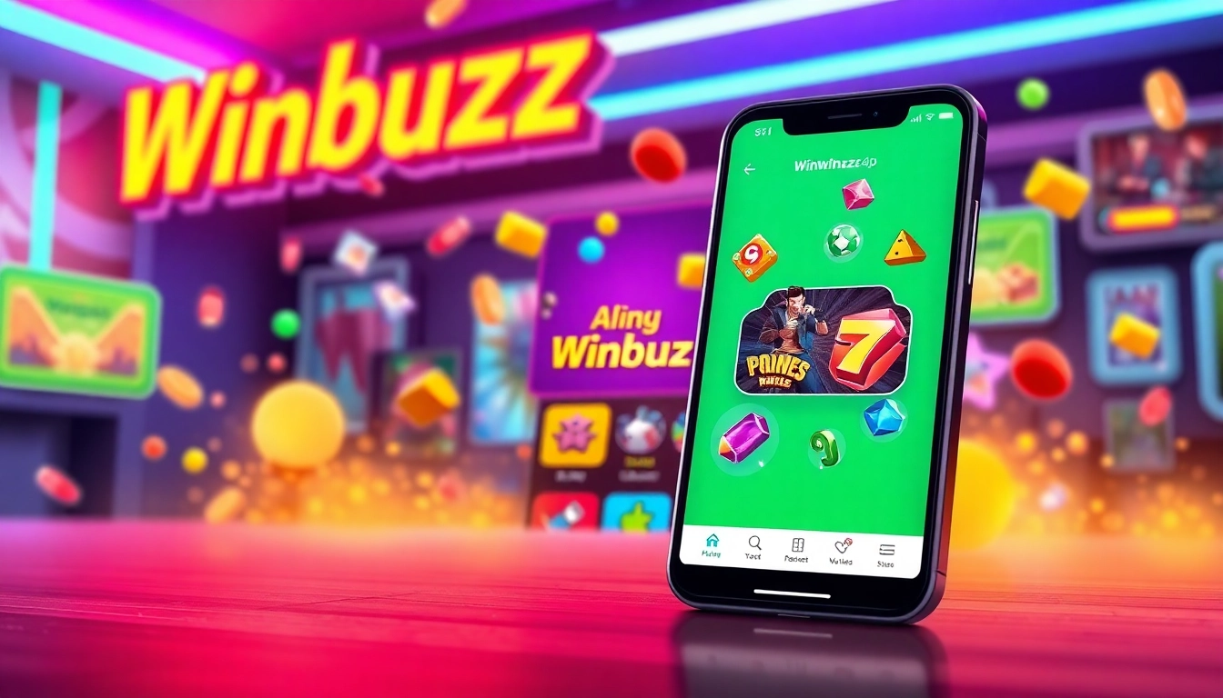 The Winbuzz App on a mobile screen with colorful gaming elements and energetic vibe for user