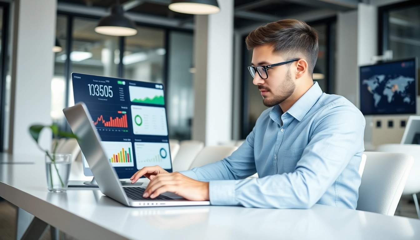 Illustration of a freelancer engaging with aggregated job offers on a laptop in a modern workspace