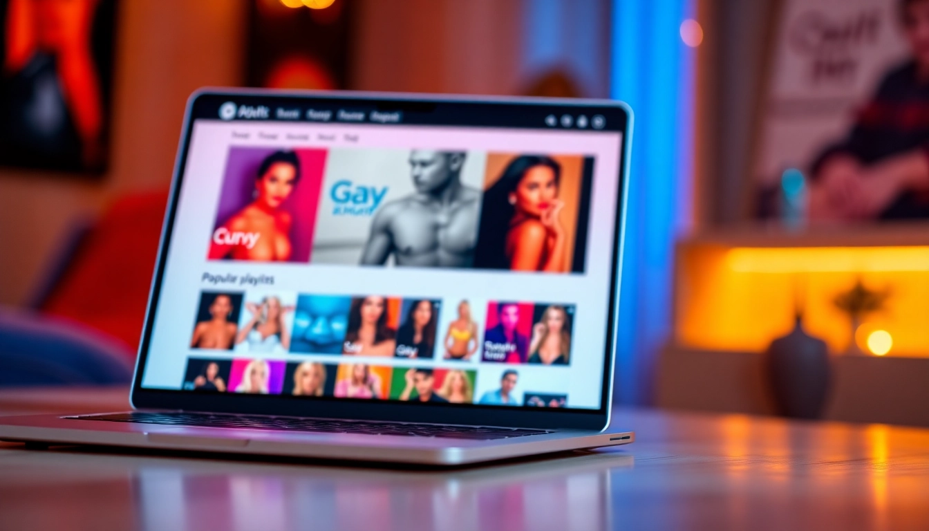 Laptop displaying a colorful adult entertainment website homepage with thumbnails of videos and categories.