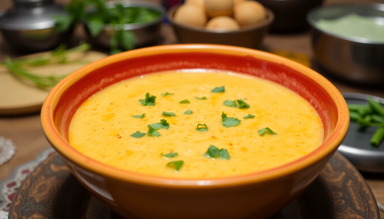 Delicious ready to eat Gujarati Kadhi served in a bowl with fresh herbs, showcasing authentic